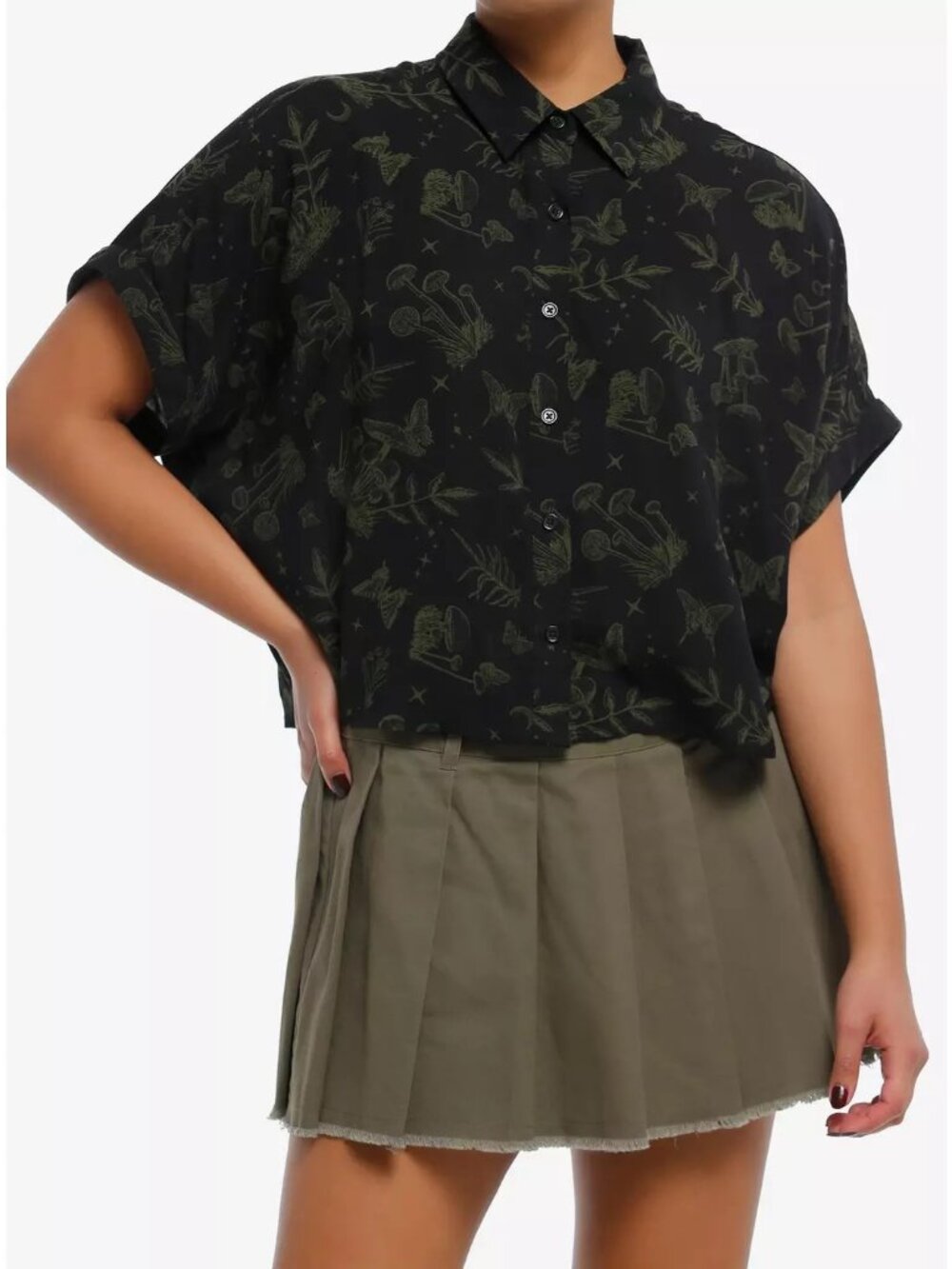 NWT-HOT TOPIC Cosmic Aura Black & Green Mushroom Girls Crop Woven Button-Up